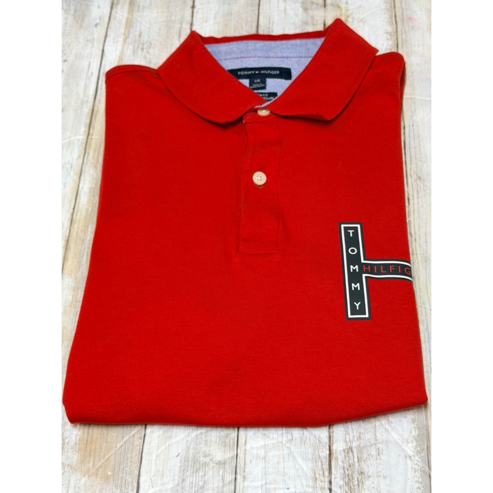 Tommy‎ Hilfiger Mens Red Custom Fit Graphic H Logo Short Sleeve Polo Shirt Large